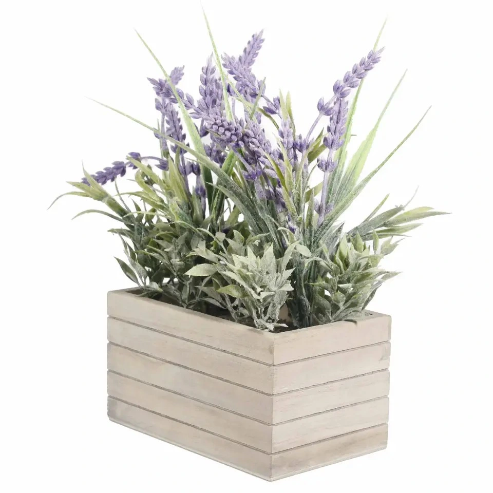 Custom Rectangle Wooden Potted Plants Home Decor Artificial Flowers Lavender Purple Flower, Wooden Tray