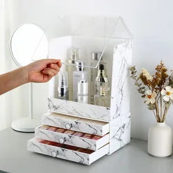 Dresser PS Organisateur de rangement cosmétique en marbre en plastique étanche à la poussière et à l'eau