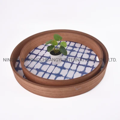 Vaisselle en bois Plateaux de service à café carrés ronds avec poignée Ensemble de 2 plateaux de support en bois